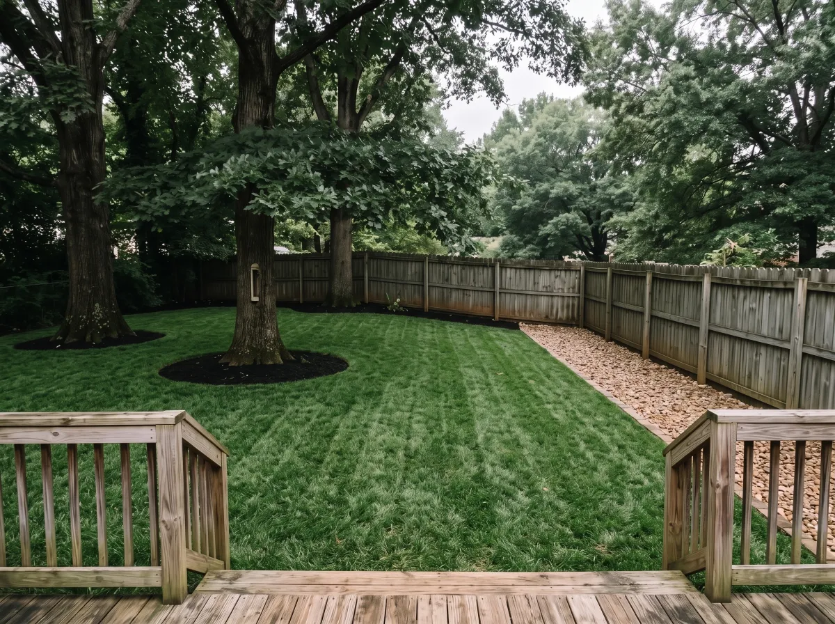 After: Shade lawn renovation — backyard under oaks, south Charlotte