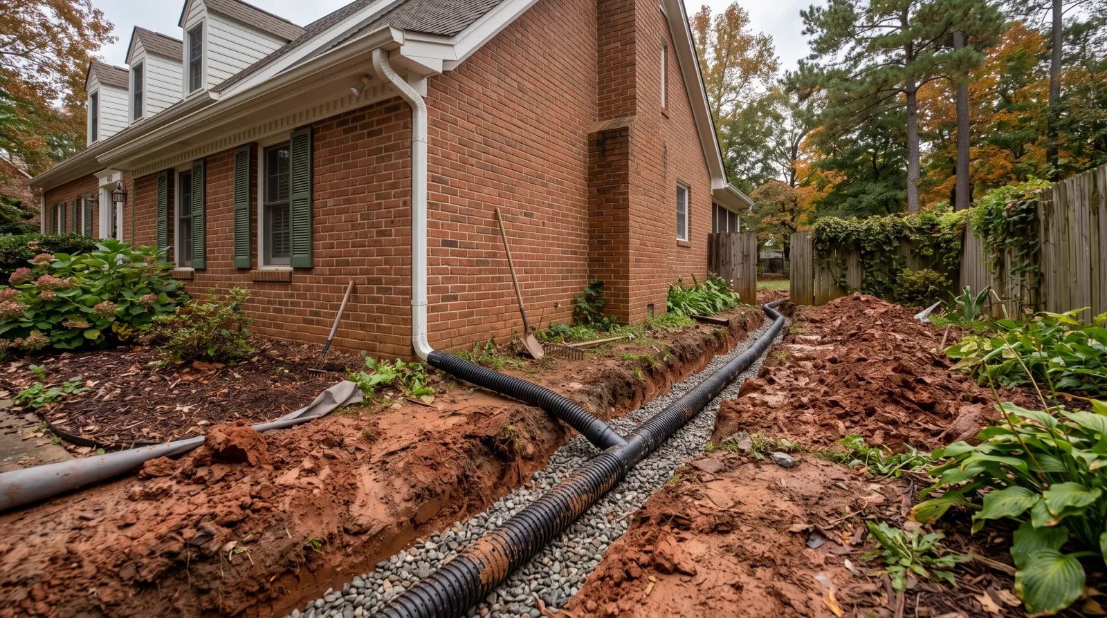 A French drain being installed in a red-clay side yard: a trench with perforated pipe, gravel and a downspout extension