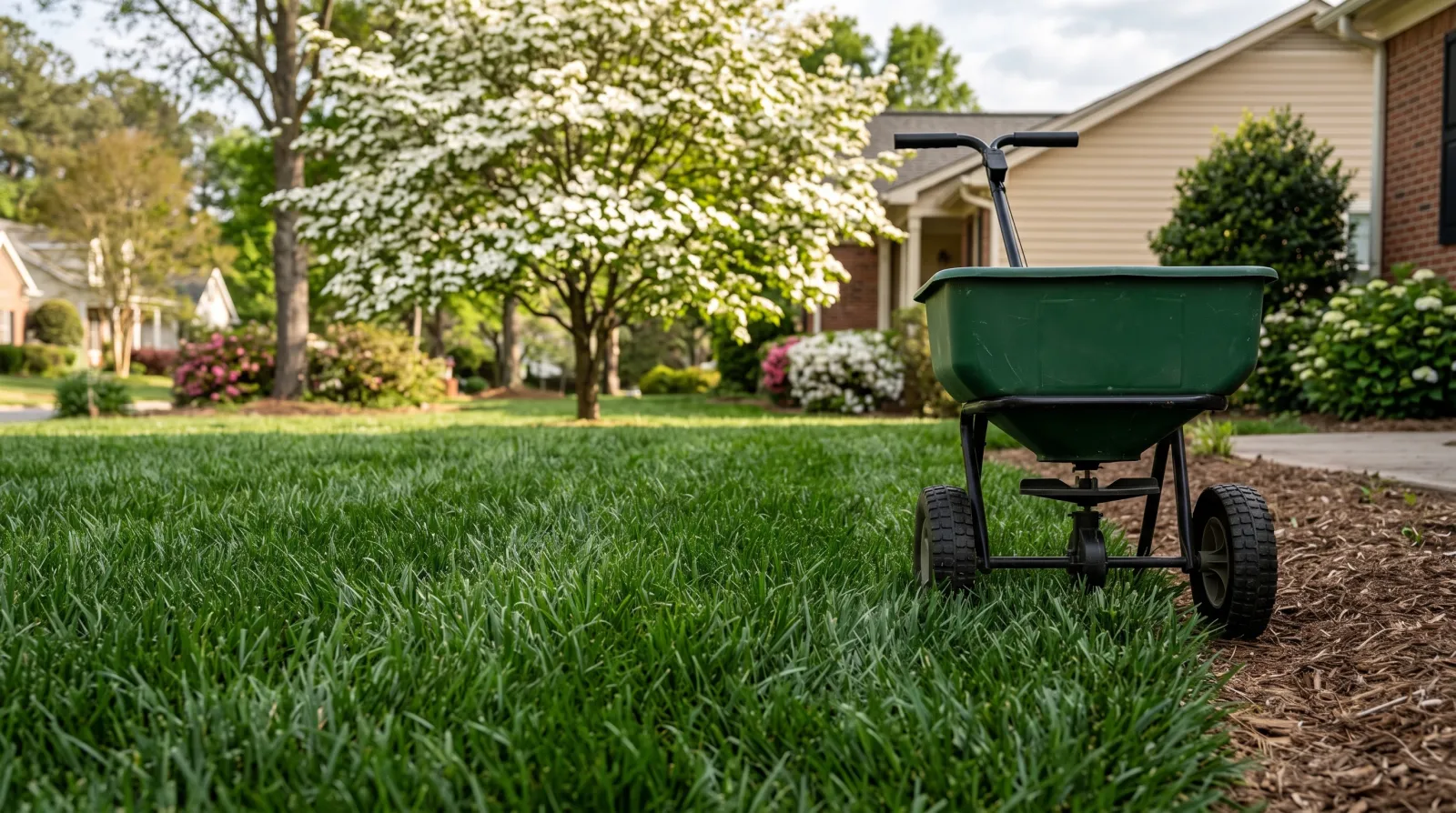 A thick dark-green fescue lawn in spring with a broadcast spreader at the edge
