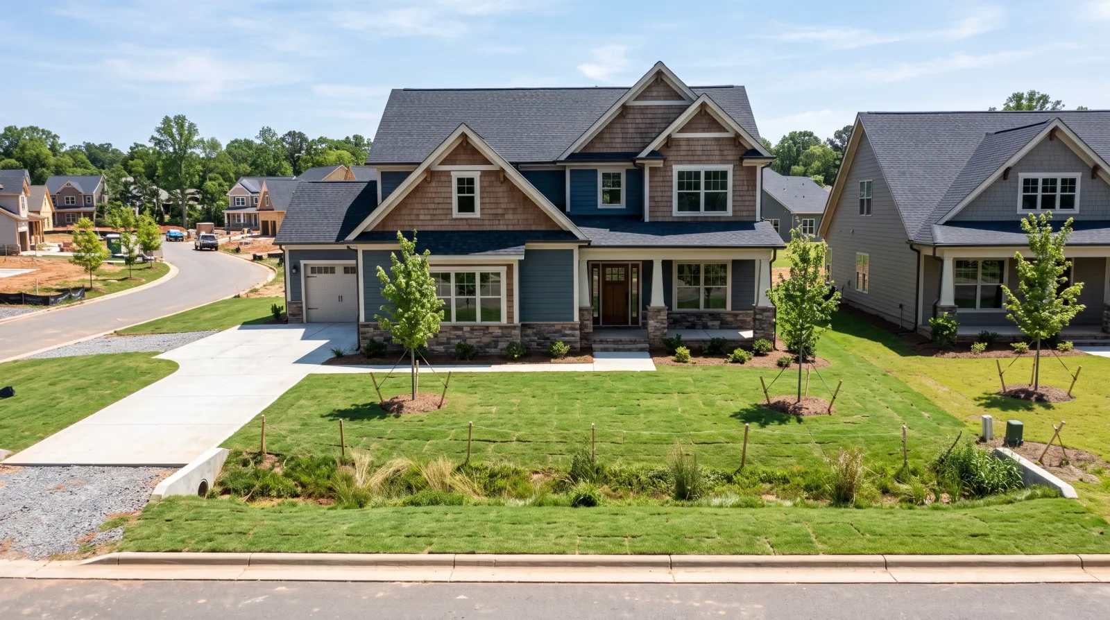 A newly built craftsman-style home in a Huntersville subdivision with fresh sod, staked young trees and a grassy drainage swale