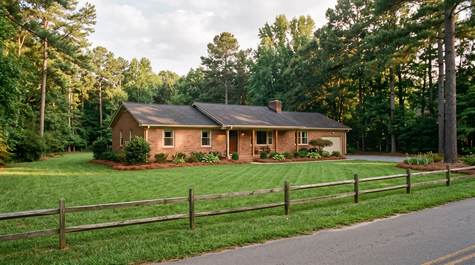 A brick ranch on a large open lot in Mint Hill with a split-rail fence and tall pines at the property edge